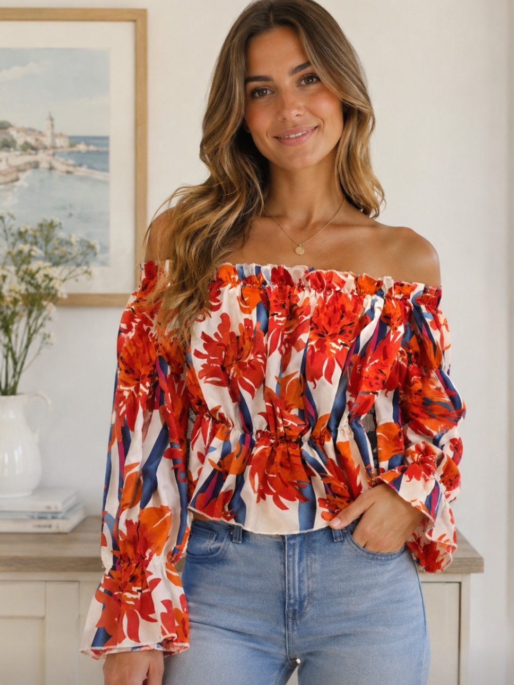 Chic Nation Off-Shoulder Floral Blouse in Red, Orange & Blue